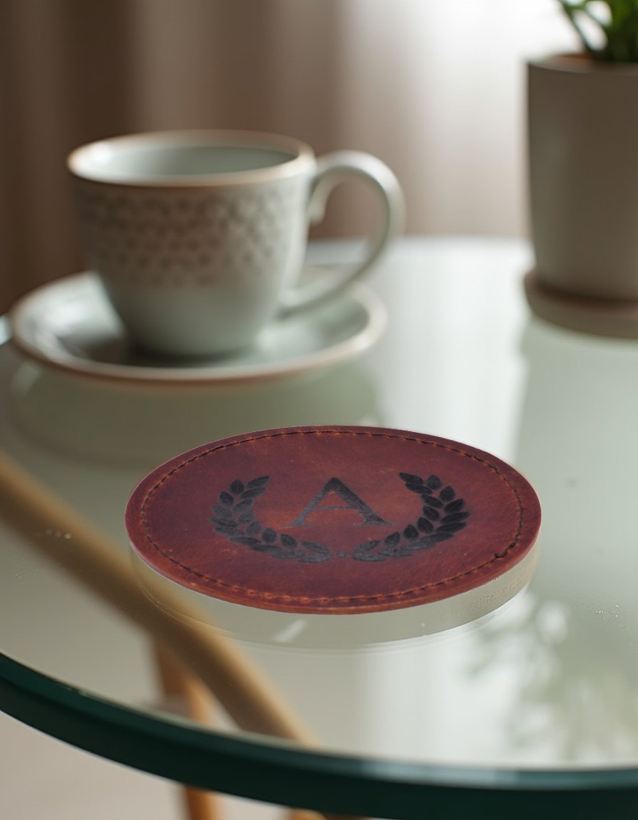 Engraved coaster under a cup