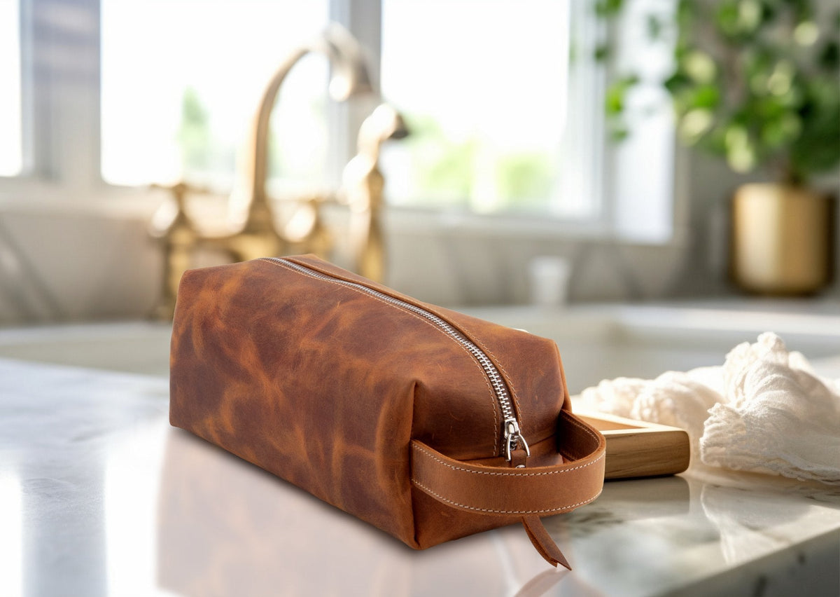 Dopp kit on a bathroom counter
