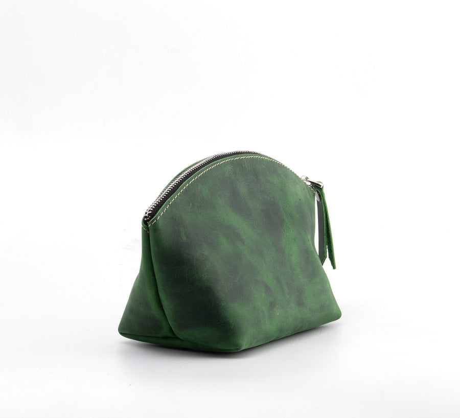 Green leather makeup bag