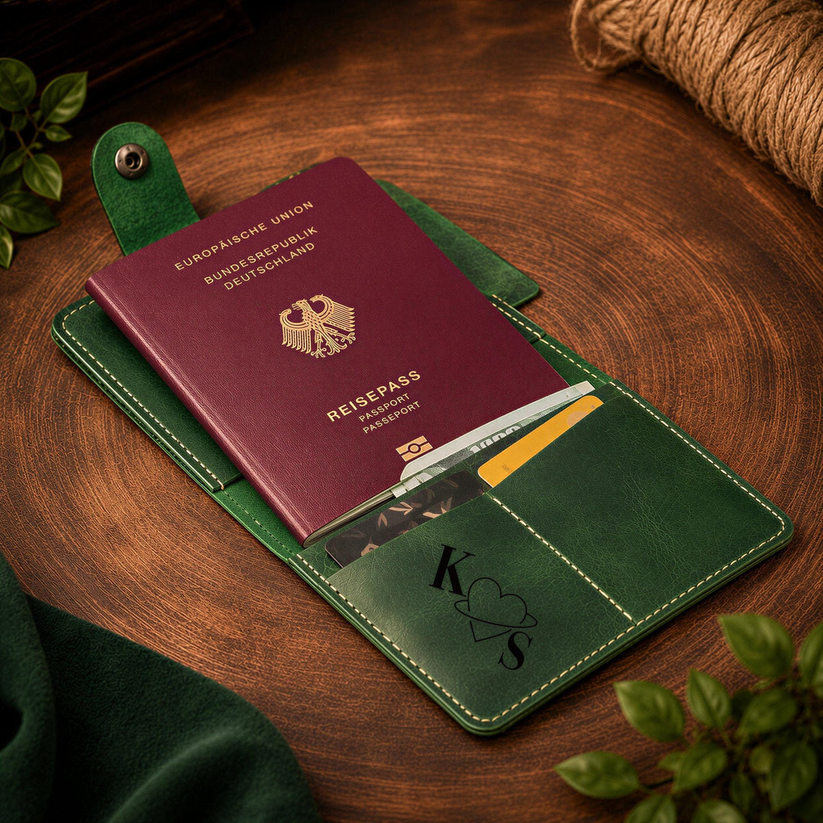 Green passport holder engraved