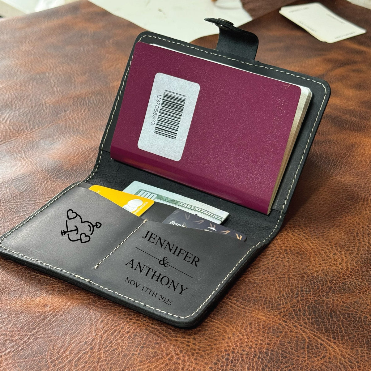 Engraved passport holder interior