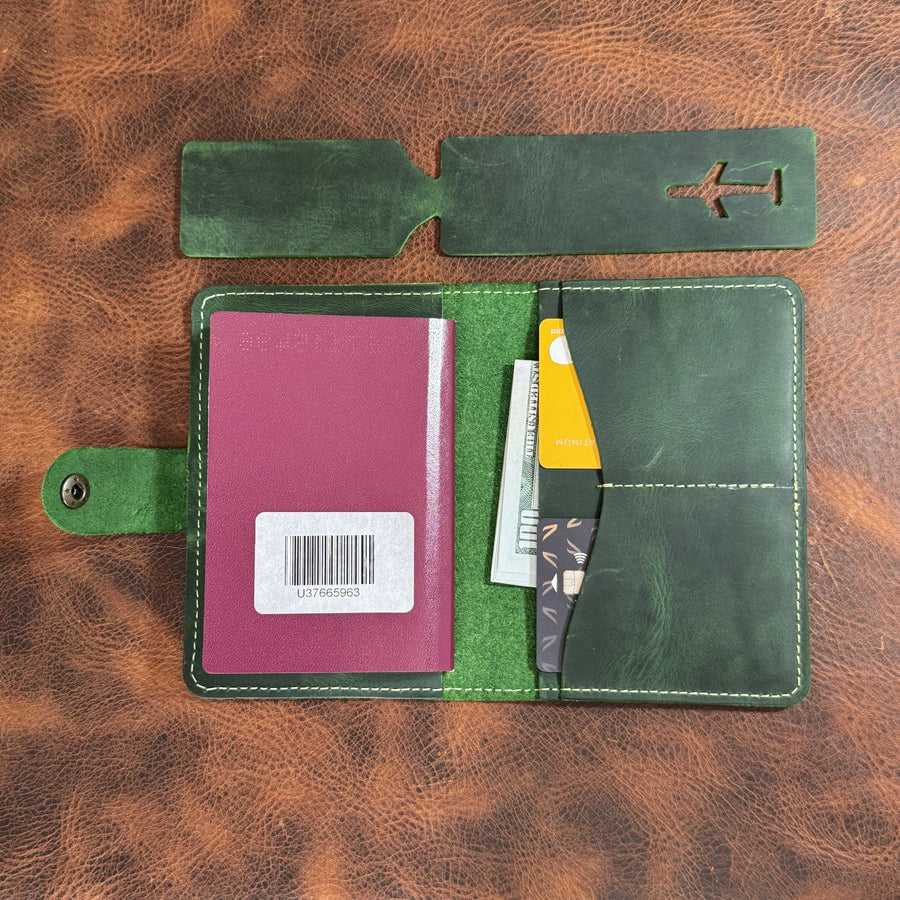 Green leather passport holder
