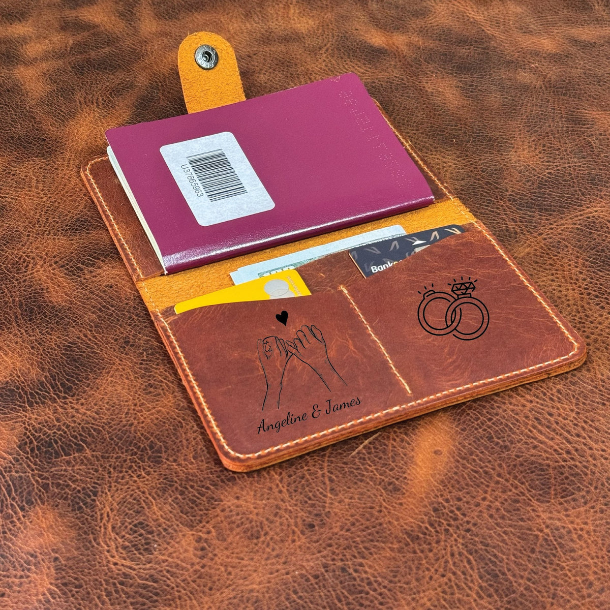 Engraved leather passport holder